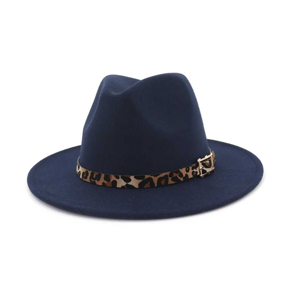 Осенняя и зимняя леопардовая шляпа с полями, дорожная шляпа-федора, джазовая шляпа, Панамы для женщин и девушек 26 - Цвет: navy blue