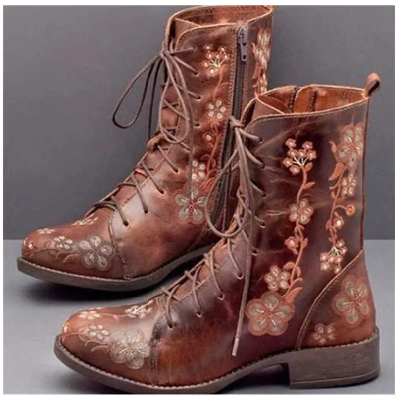 Женские ботинки в стиле ретро Сандалии из тисненой кожи на молнии до середины