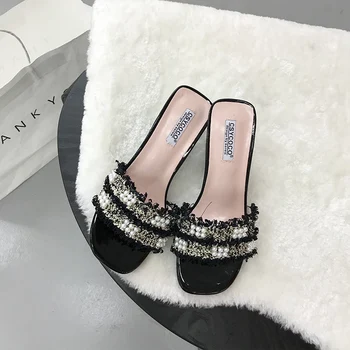 

2020 Designers Women Slippers Outside String Bead Black Sexy Open Toe Thick Heels Sandals Dress Woman Casual Shoes Ladies Slides