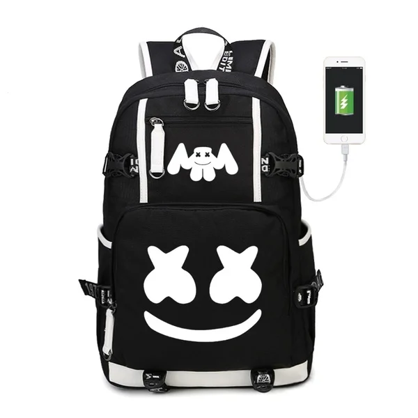 Dj Marshmallow рюкзаки USB зарядка для подростков мальчиков девочек Студенческая сумка для книг дорожная Повседневная светящаяся холст школьный рюкзак - Цвет: Black
