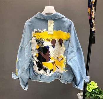 

Hand-painted Pattern Chic Coat Letters Print Cool Girl Denim Jacket 2019 Spring Autumn Fashion Pockets BF Outwear 69604