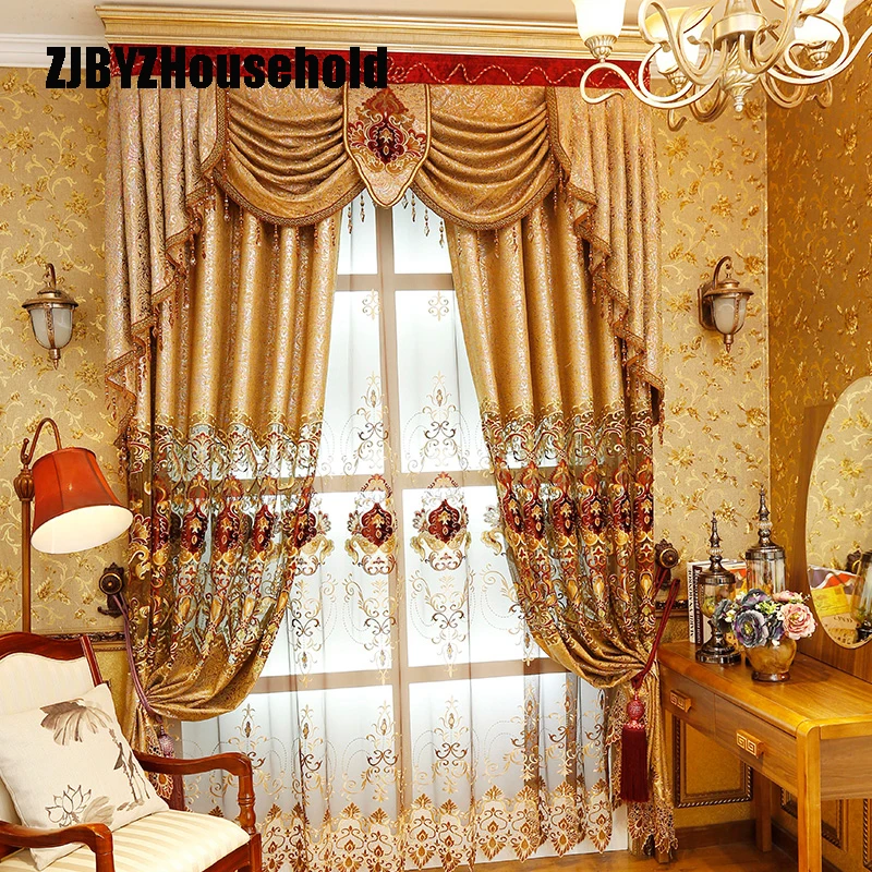 Европейский стиль, пустотелая Водорастворимая Ткань с вышивкой, Марлевое окно, золотые шторы для спальни, балдахин