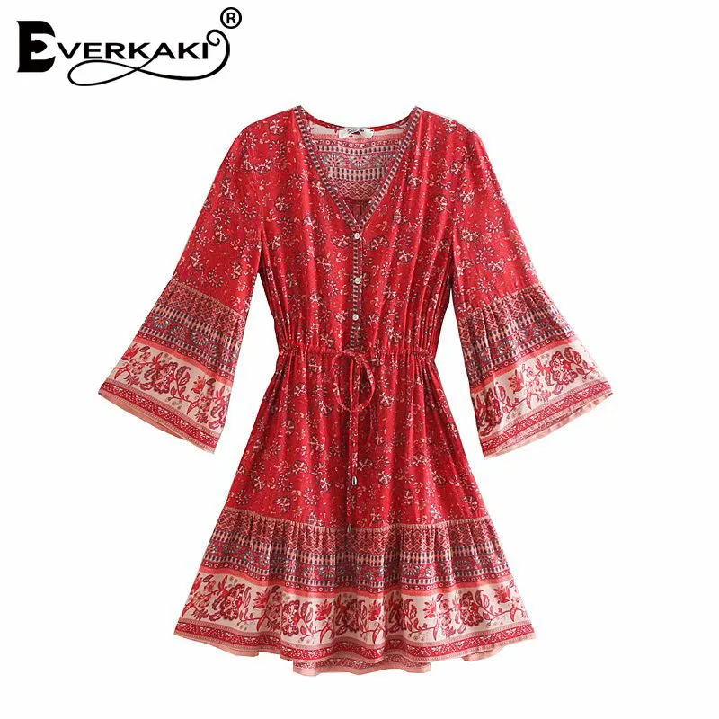 Everkaki мини-платье женское Бохо с принтом пояса регулируемая талия v-образный вырез женские вечерние осенние короткие женские платья женские Новинка - Цвет: Red