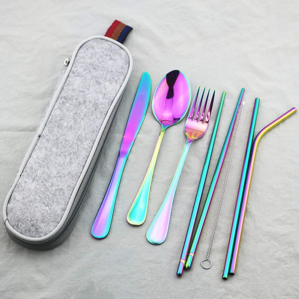 Радужный набор посуды для путешествий, портативный набор столовых приборов, нож, вилка, ложка, палочки для еды, соломенный набор, набор посуды из нержавеющей стали с сумкой