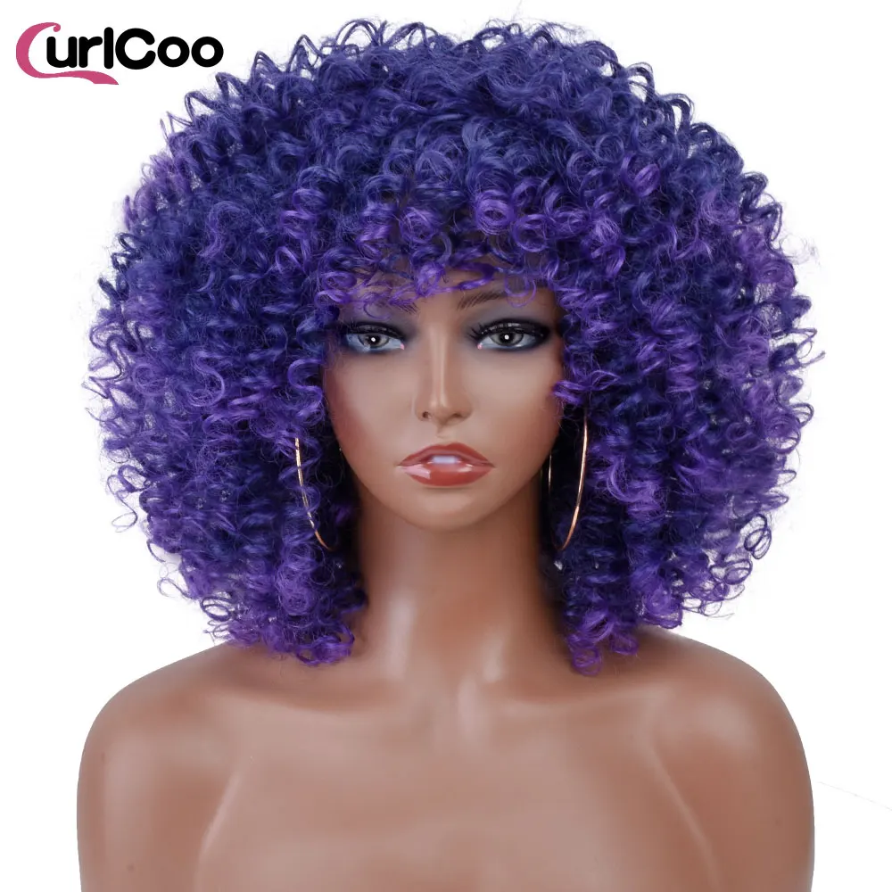 Short Afro Kinky Curly Wigs With Bangs For Black Women Synthetic Ombre Natural Heat Resistant Hair Brown Cosplay Highlight Wigs
