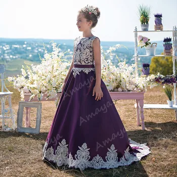 

Amaya Satin A Line Dark Purple Flower Girl Dress for Wedding Lace Appliques Kids Prom Christmas Dress Sleeveless Vestidos Niñas