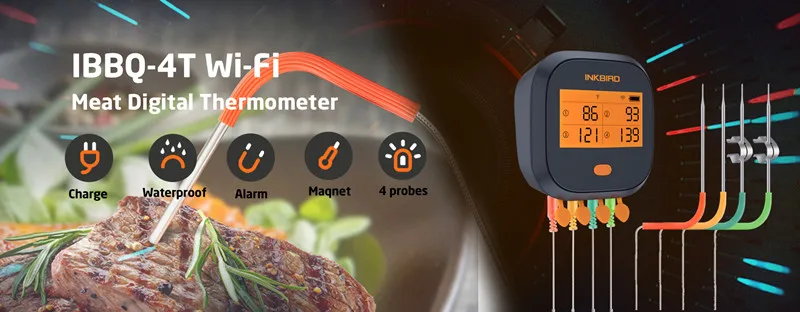 Inkbird IBBQ-4T Wi-Fi цифровой термометр для мяса непромокаемый магнитный Будильник Термометр для кухни курильщик гриль с 4 зондами