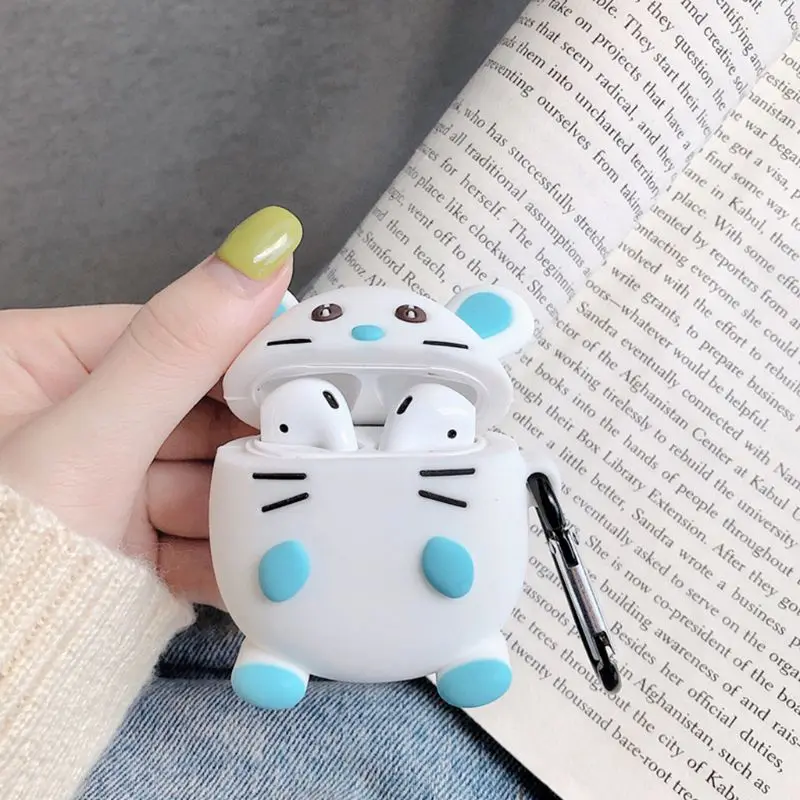 Cute Mouse Pattern Protective Case Silicone Cover with Carabiner for Airpods 1/2 for smart watch