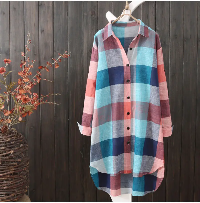 Korean Colorful Plaid Long Sleeve Blouse Women Tops and