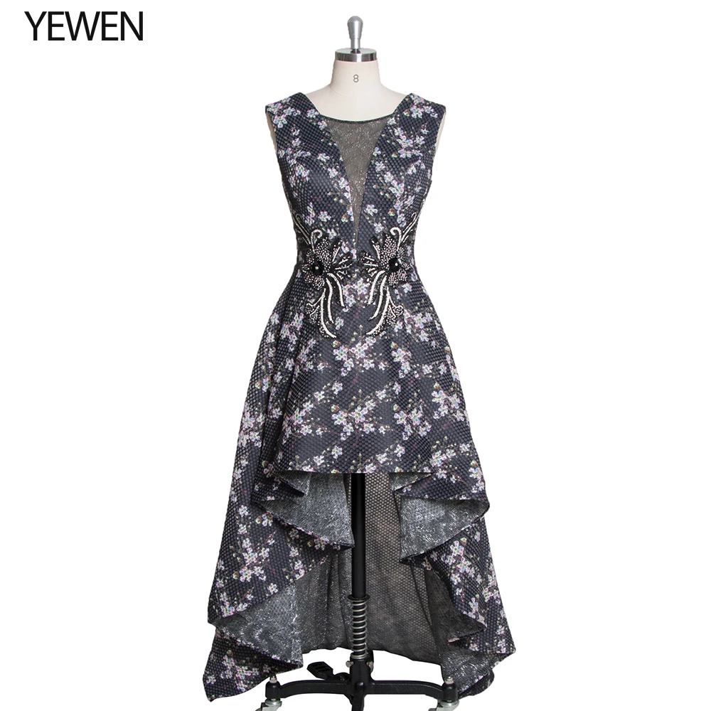 High-Low Short Front Long Back Prom Dresses Printing Black elegant Party dress vestidos de fiesta Free Shipping