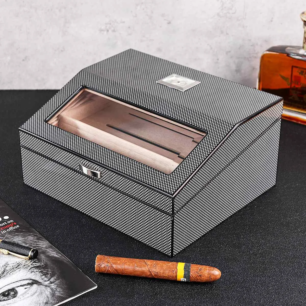 

Dust-proof Wooden 50 Count Cigar Box Humidor Organizer Humidifier Bin Cigar Accessories Hygrometer Cutter For Home Travel