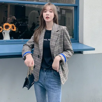 

Women's single coat 2019 autumn and winter new casual fashion temperament Slim thin lattice double-breasted women's shirt