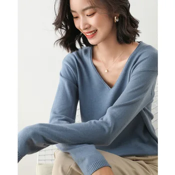 

2020 Autumn Winter New Style Long Sleeve V-neck Drop-shoulder Tops Thin Candy-colored Bottoming Knitted Pullover Woman Sweaters