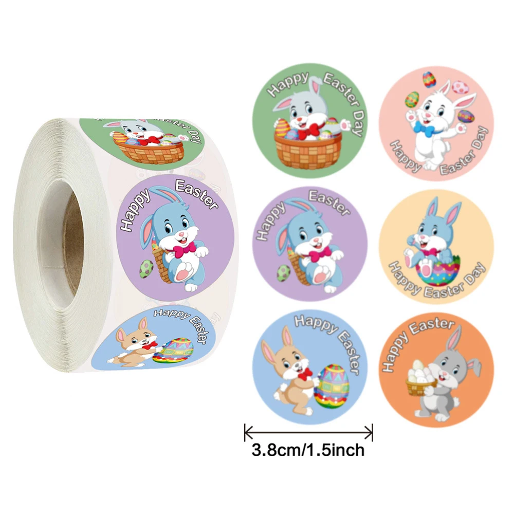 

500pcs/roll 3.8cm Cute Rabbit Happy Easter Day Stickers Easter Party Decorations Gift Greeting Card Labels Planner Stickers
