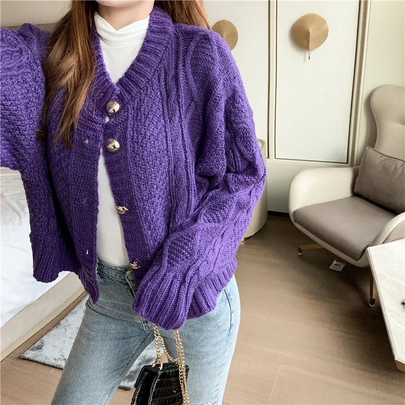 TingYiLi короткий свитер Кардиган Осень Зима теплые свитера женский корейский стиль дамы фиолетовый бежевый кардиган цвета хаки