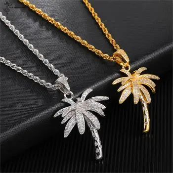 

Hip Hop Bling Iced Out Micro Paved CZ Palm Tree Pendants & Necklaces For Men Women Rapper Jewelry With Rope Chain Personality