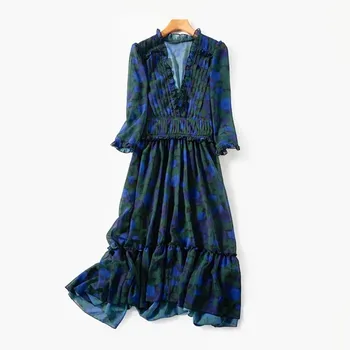

Bohemia V-neck Pleated Midi Dress Women 2020 New Holiday Vintage Print Summer Ladies Ruffled Long Dresses Clothing