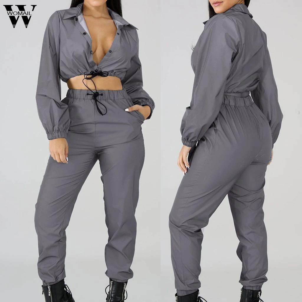 

Womail Tracksuit Women 2019 new Autumn fashion 2 Piece Set Reflective Long Sleeve Sets+safari long pants suits sport outfit 82