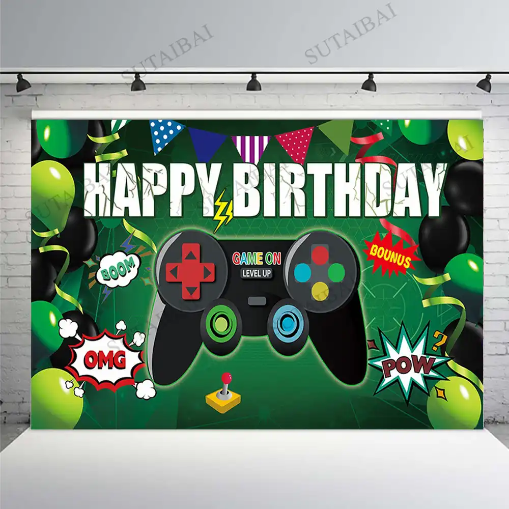 Gamepad De Juego En El Nivel Para Ninos Fiesta De Cumpleanos Globos Verdes Fondo De Fotografia Accesorios De Fotofono Fondo Aliexpress
