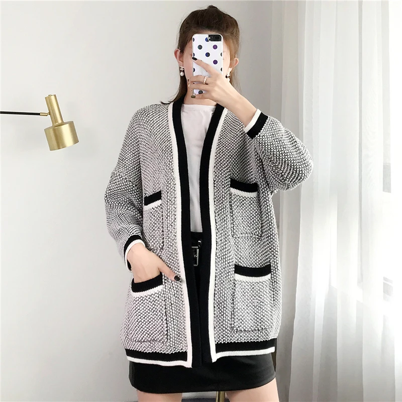 Tunjuefs Losse V-hals Gestreept Vest Vrouwen Trui Jas Zakken Maxi Lange Mouwen Gebreide Top Herfst Winter Uitloper Luxe Tunjuefs Losse V-hals Gestreept Vest Vrouwen Trui Jas Zakken Maxi Lange Mouwen Gebreide Top Herfst Winter Uitloper Luxe