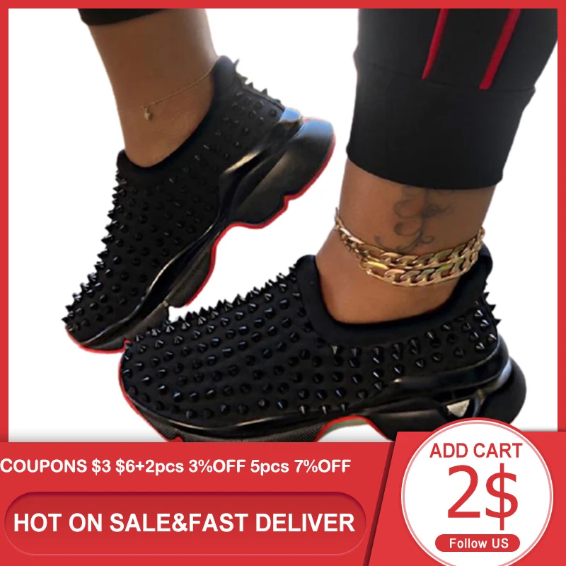 

Women Casual Rivet Flat Sneakers 1.5cm Platform Height Round Toe Low-Cut Upper Mid-Heel Summer Breathable Movement 2020 Fashion