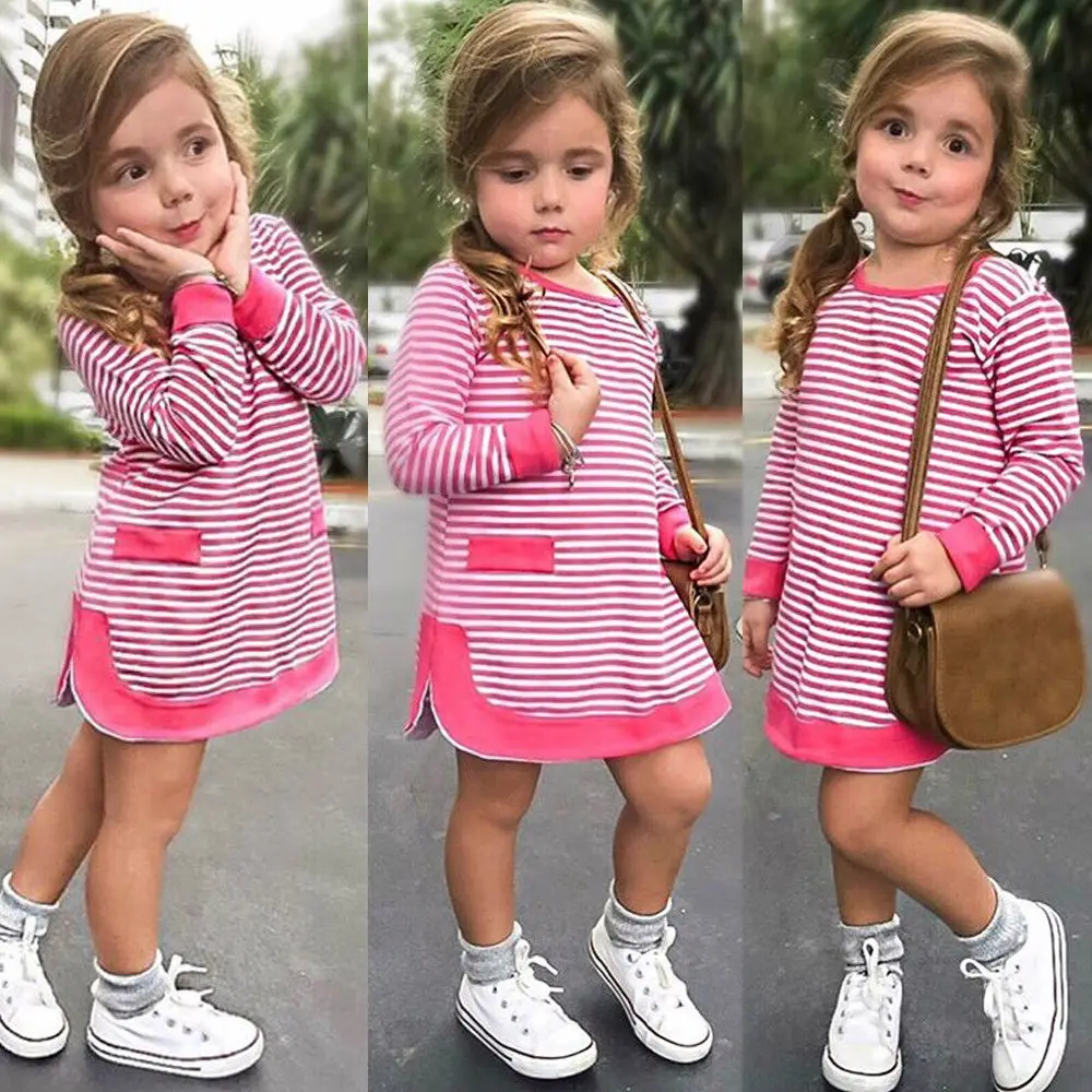 Pudcoco/осенне-зимнее платье для маленьких девочек праздничное платье в полоску с длинными рукавами, одежда