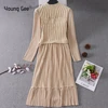 Young Gee Elegant Sweater Velvet Patchwork Autumn Winter Dress Knitted Long Sleeve Women Striped Office Casual Pleated Dresses ► Photo 1/6