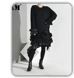 [EAM] женское леопардовое двухслойное платье с бантом, новинка, воротник-стойка, длинный рукав, свободный крой, мода, весна-осень JL4880
