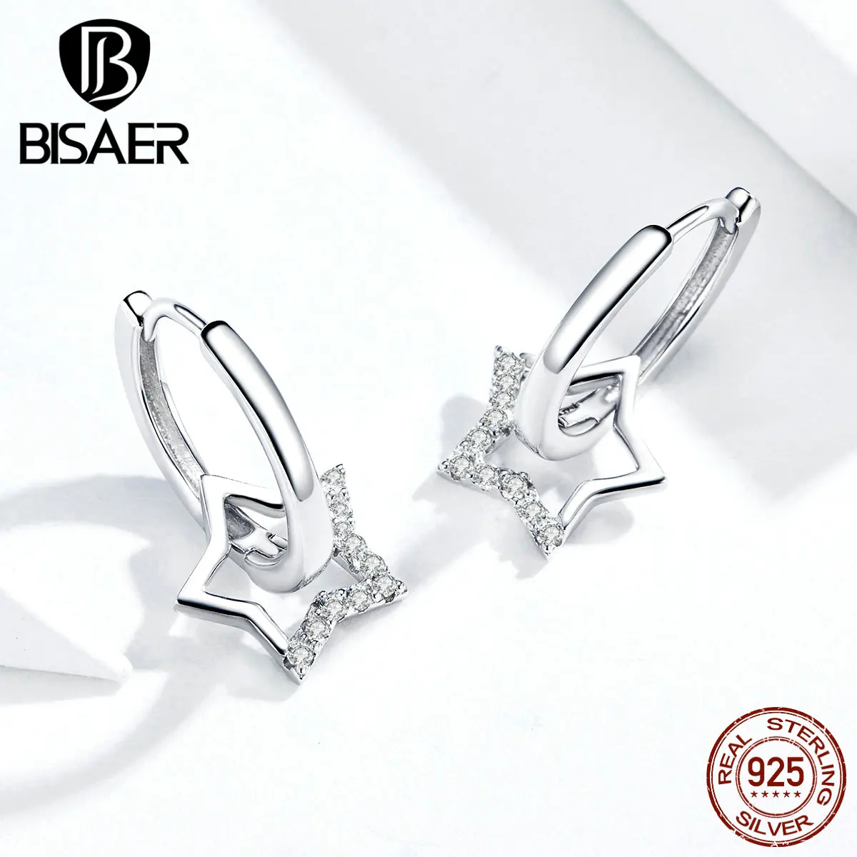 Star Earrings BISAER Hot Sale 925 Sterling Silver Luminous Zircon Star Stud Earrings for Women Silver Fine Jewelry EFE276