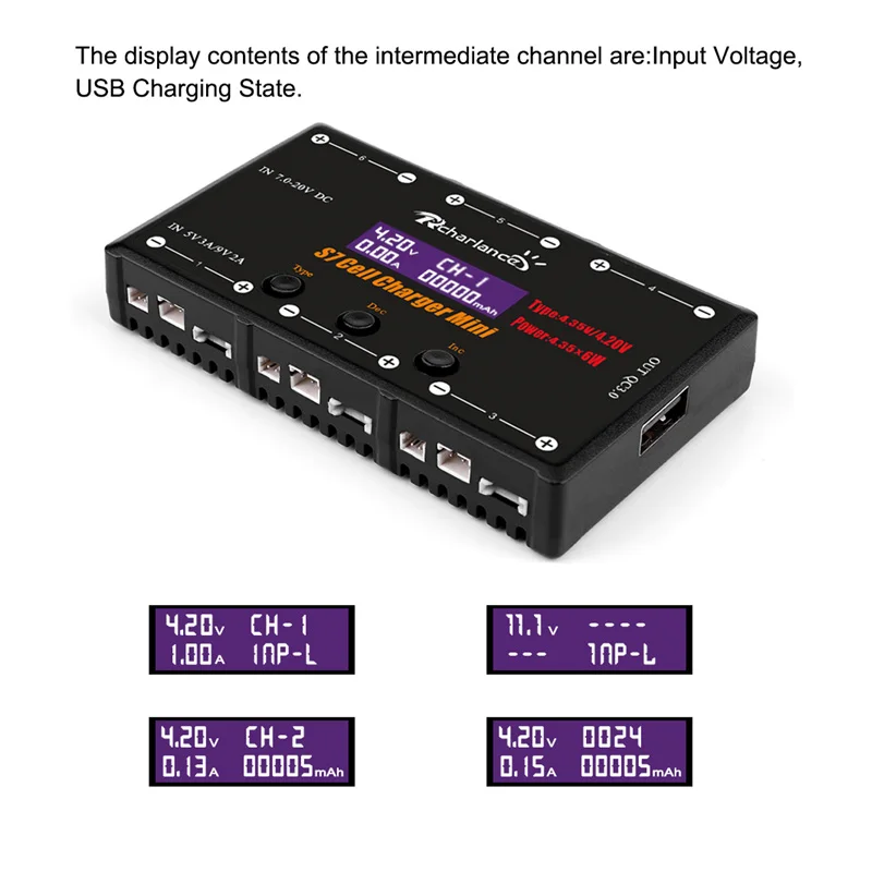 S7 1S зарядное устройство 6 каналов 6x4 35 Вт LiPO LiHV с USB Micro MCX mCPX MOLEX красочный экран для