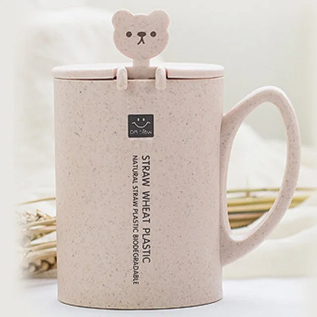 Pink Пшеничные соломенные стаканы для воды, Детские тренировочные бутылки для питья, Детские стаканчики для обучения питанию с милой кошачьей ложкой, кружки, детский подарок, NTY0044 - Цвет: Pink