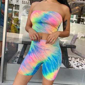 

Sexy 2PCS Women Rainbow Tracksuit Set Summer Strapless T Shirt Crop Tops Cut Out High Waist Shorts Biker Shorts Pant Casual Suit