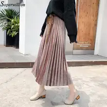 Осень зима плиссированная юбка для женщин высокая талия бархат миди юбки линия средней длины Jupe Mujer Saias Мода Тренд леди