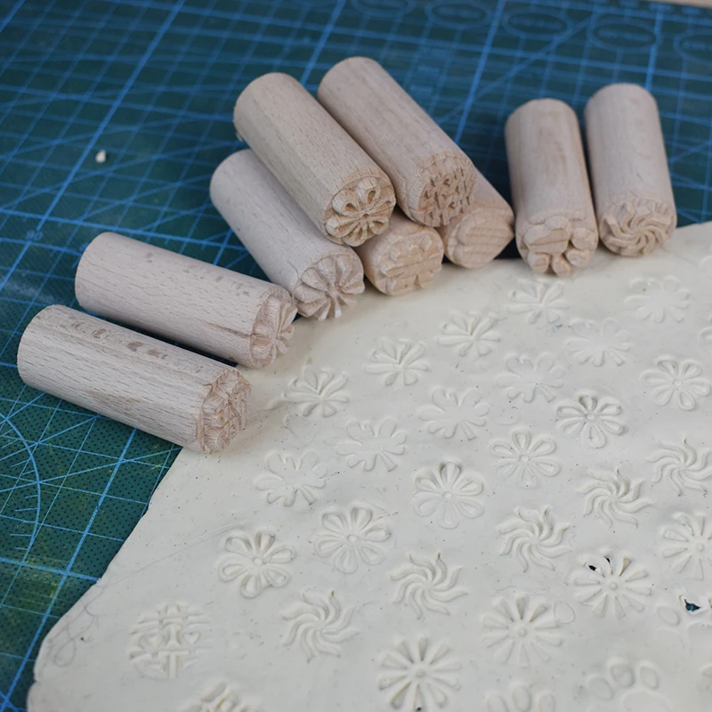 Wood Pottery Stamp Flower Leaf Pattern Emboss Seal Block Ceramic Pot Texture Cold Porcelain Polymer Clay Tools Sculpture Model
