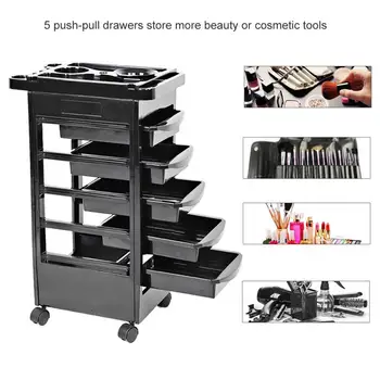 

5 Tiers Hair Salon Hairdresser Trolley Barber Beauty Storage Cart with 5 Drawers Salon Tool Hair Spa Coloring Perming Black Cart