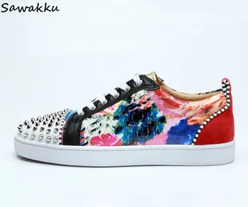 

Spring New Fashion Rivets Casual Shoes Men Loafers Low Top Colorful Printed Lace Up Sneakers Leather Trainers Tenis Masculino