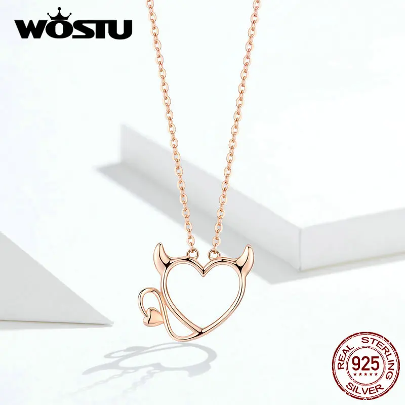 WOSTU, настоящее 925 пробы, серебряное, розовое золото, ожерелье, дьявол, сердце, длинная цепочка, звено для женщин, свадебное, оригинальное, модное ювелирное изделие, FIN344