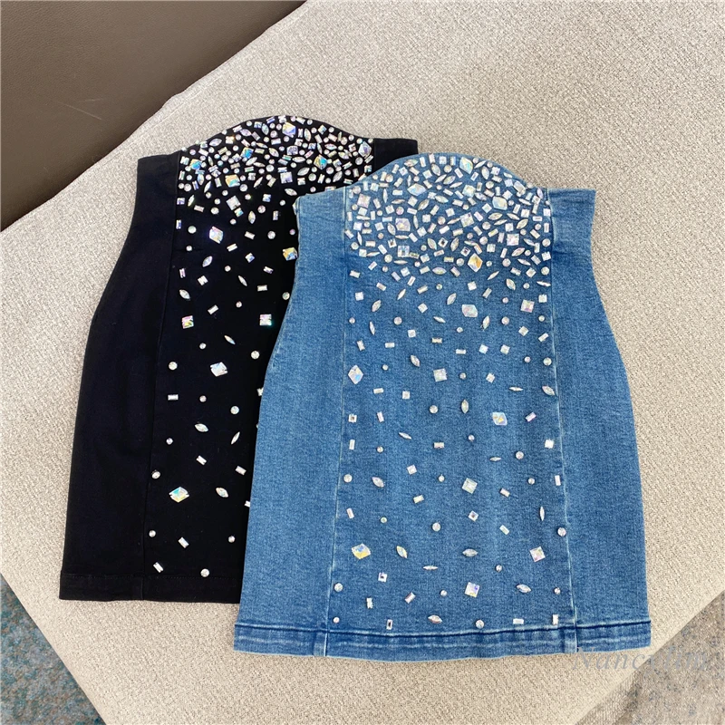 

High Waist Denim Skirt Women 2021 Spring Autumn New Rhinestone Irregular Edge Slim Fit Jeans Skirts Lady's Clothes