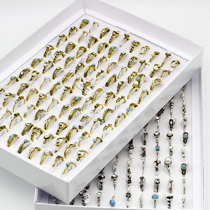50 pcs/lot Mix Styles Bohemia Womens Imitation Pearl Finger Ring Antique Crystal Knuckle Ring Wholesale Gifts