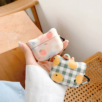 

INS Fresh Plaid orange strawberry Cat head shape case For AirPods pro charge box Soft Silicone Wireless bluetooth earphone cover