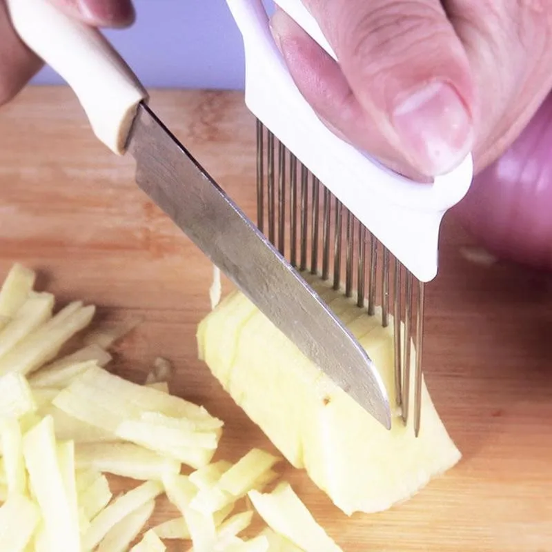 Comida Asistente de corte soporte para vegetales de acero agujas para cebolla tenedor para cebolla verduras fruta máquina de cortar tomate corte seguro