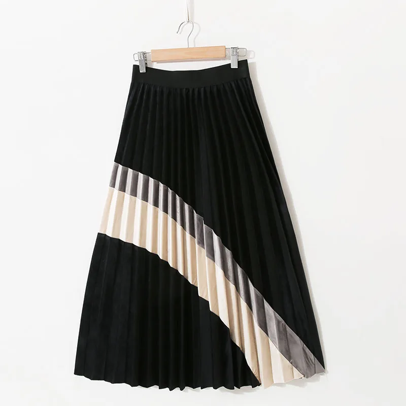 New Autumn Winter Vintage Velvet Panelled Pleated Skirt Women Fashion Patchwork Slim High Waist Skirts Work Wear Skirt M743