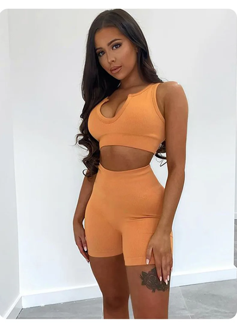 Women's Seamless 2Pcs Crop Top Bra Shorts