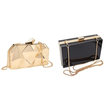 

2 Pcs Bag: 1 Pcs Acrylic Transparent Evening Clutches Shoulder Bags Black & 1 Pcs Geometry Clutch Evening Bag Gold