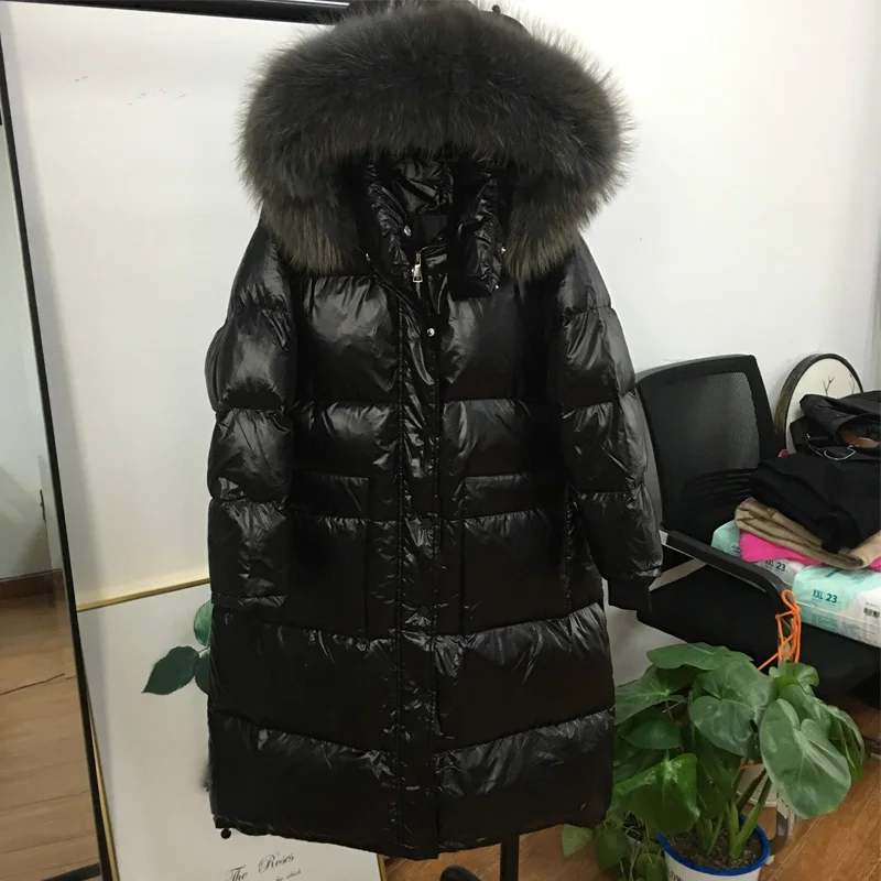 Натуральный мех с капюшоном пуховик пальто толстый белый утиный пух женский корейский черный длинный теплый ветровка Блестящий глянцевый Зимний пуховик - Цвет: Real Fur (Grey)