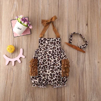 

Pudcoco Newborn Baby Girl Clothes Leopard Print Sleeveless Lace Ruffle Strap Romper Jumpsuit Headband 2Pcs Outfits Clothes Set