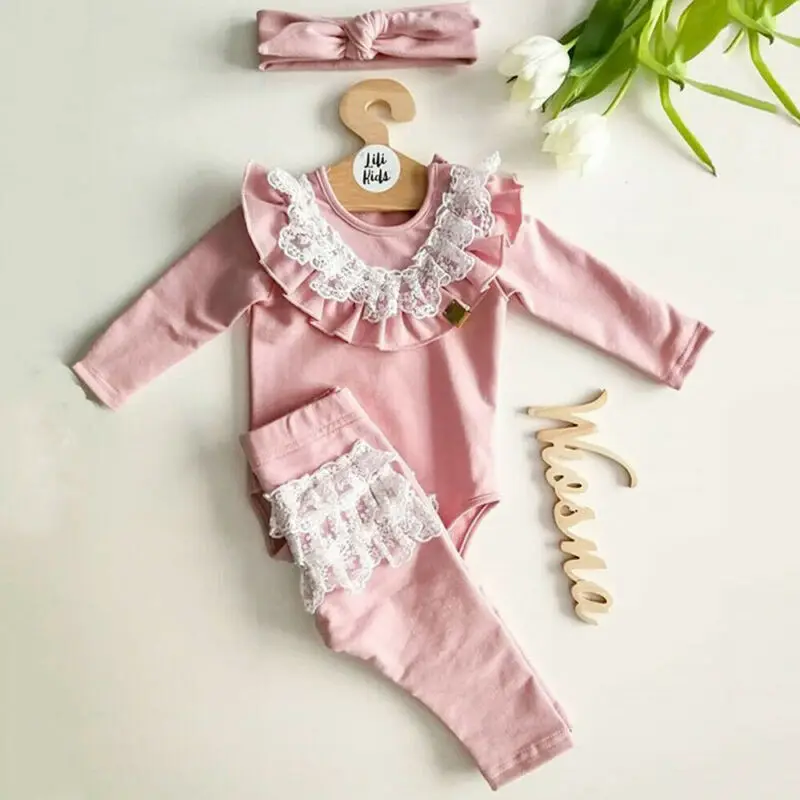 Infancy Toddler Baby Girl Long Sleeve Clothes Lace Ruffle T Shirt + Pants 3PCS Outfits Set | Детская одежда и обувь