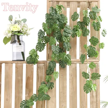 

Plastic Vine Artificial Plants Turtle Leaves Green Fake Banana Leaf Hanging String Palm Rattan Home Wedding Garden Balcony Decor