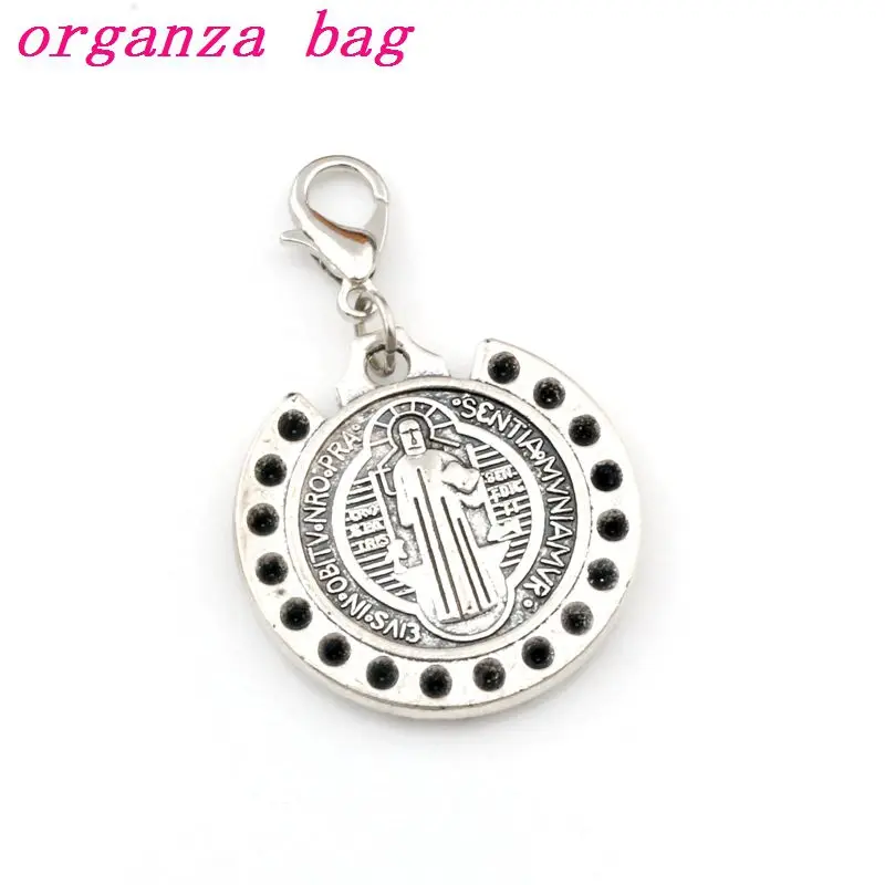 

50pcs Antique Silver Dots Saint St Benedict of Nursia Patron Against Evil Medal Floating Lobster Clasps Religion Charm Beads