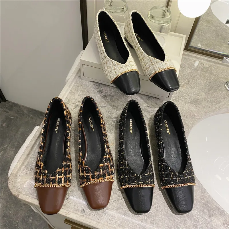 

WOMEN'S Shoes 2020 Spring And Summer New Style Chunky-Heel Shoes Women's Low-Cut Retro Square Head Graceful Plaid Flat Top Shoes